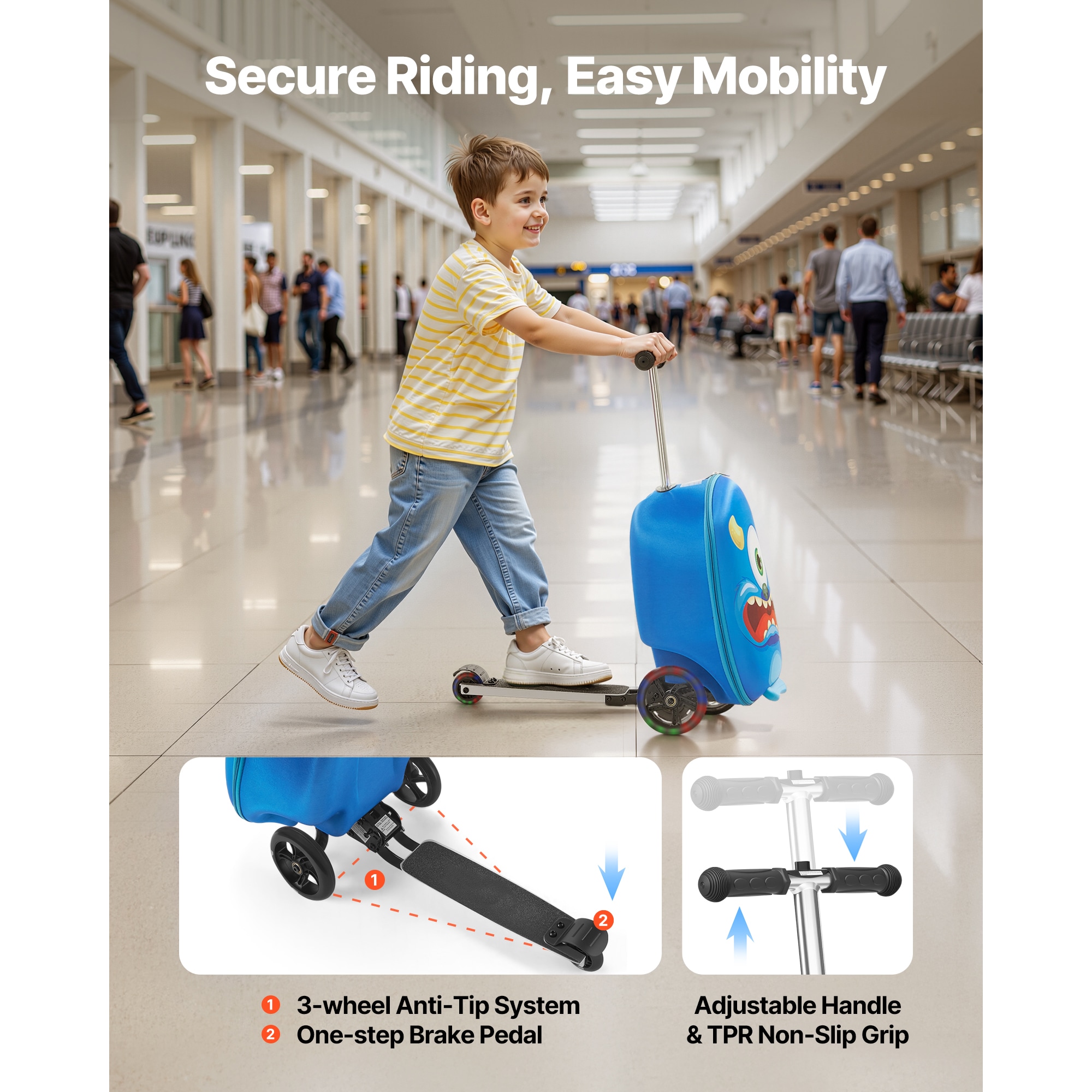 Kids Scooter Suitcase Ride-on Luggage With Flashing Wheels Blue_voghion.com